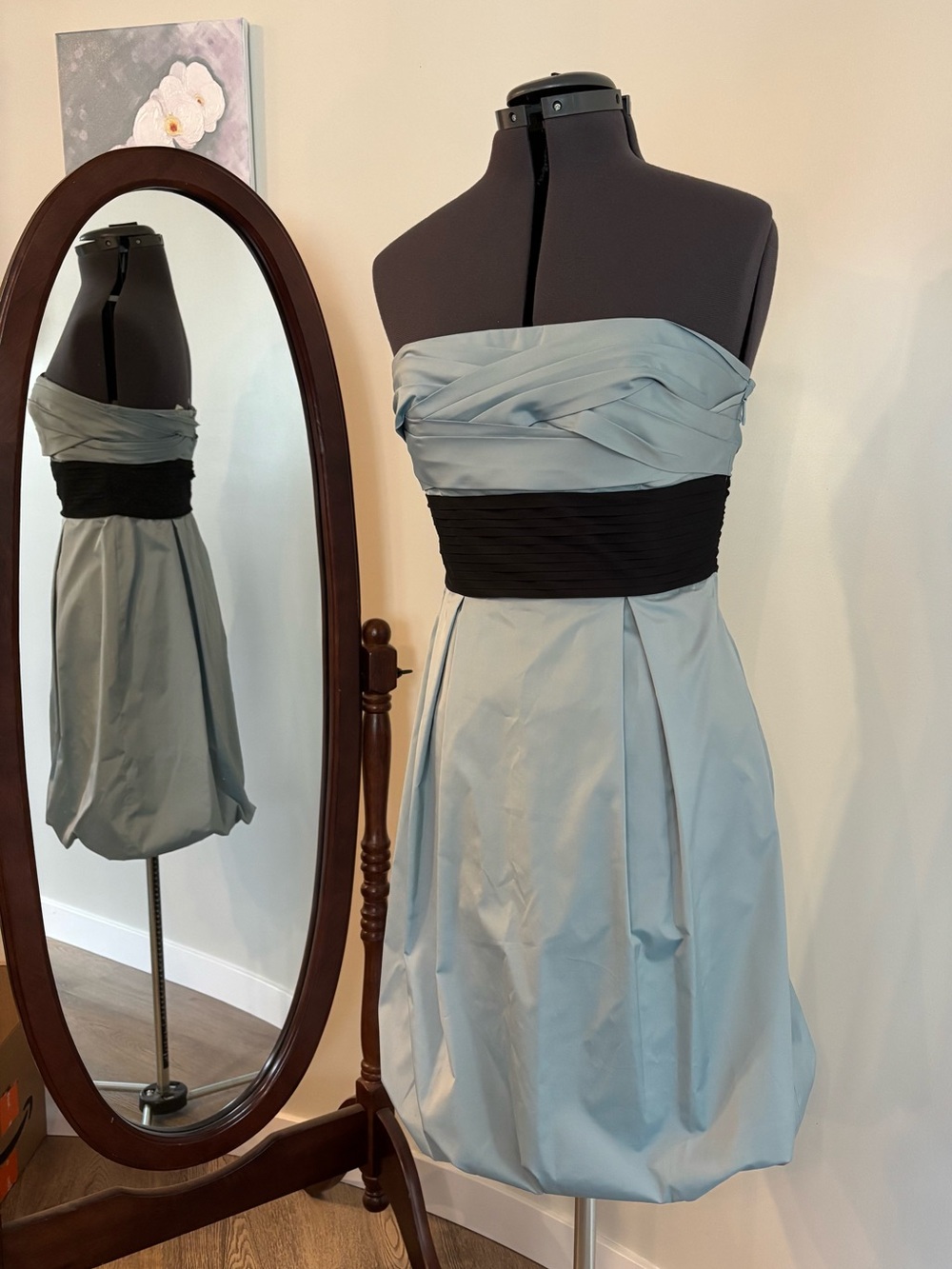 BCBGMAXAZRIA Strapless Light Blue Cocktail Dress with Black Waistband